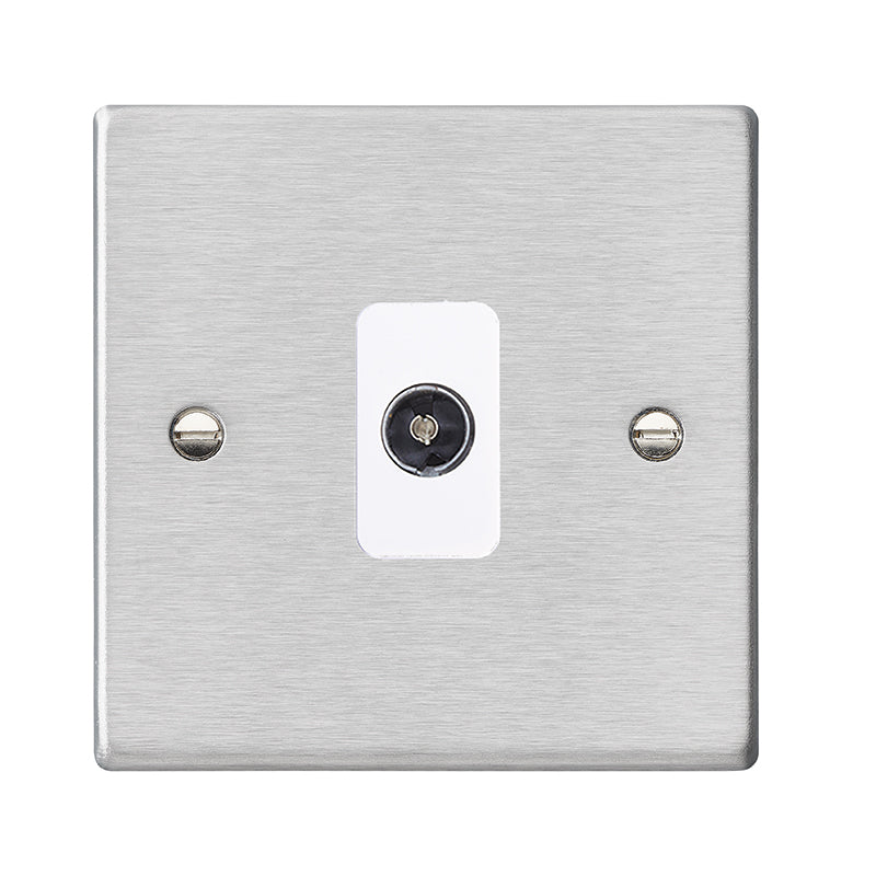 Hartland 74TVW 1 gang Non-Isolated TV 1in/1out Satin Steel with White Inserts
