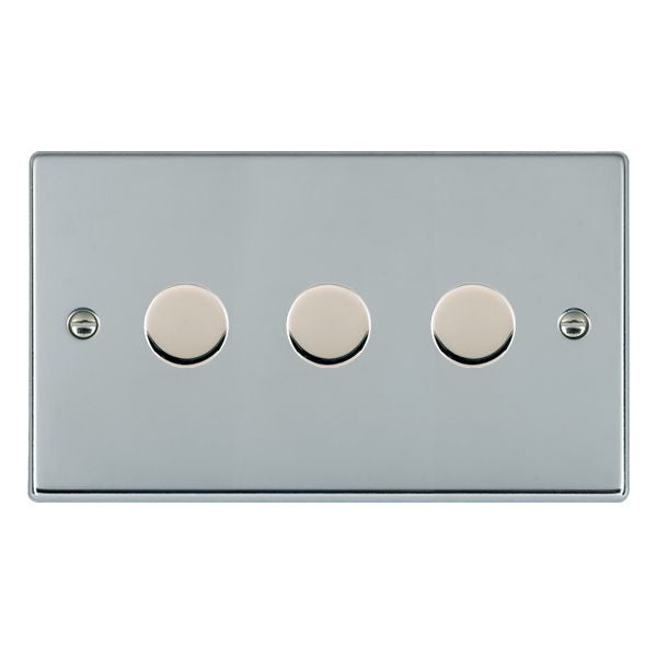 Hartland 773XLEDITB100 3 gang 100W LED Trailing/Leading Edge Push On/Off Rotary 2 Way Switching Dimmer Bright Chrome with Bright Chrome Inserts
