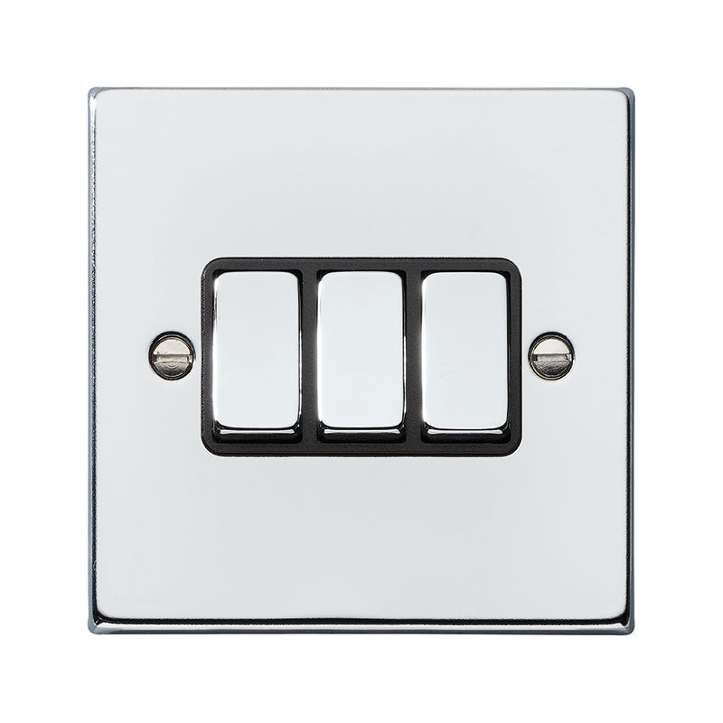 Hartland 77R23BC-B 3 gang 10AX 2 Way Rocker Bright Chrome with Bright Chrome/Black Inserts