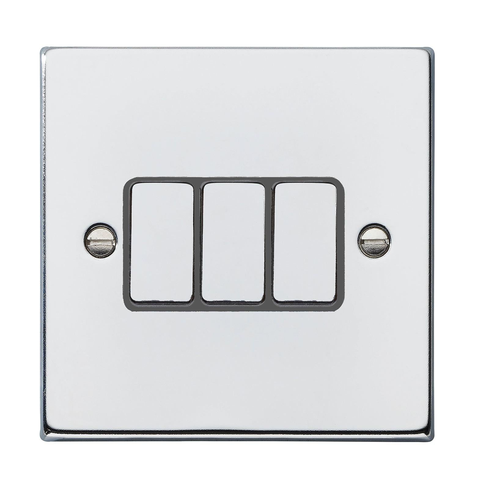 Hartland 77R23BC-QG 3 gang 10AX 2 Way Rocker Bright Chrome with Bright Chrome/Quartz Grey Inserts