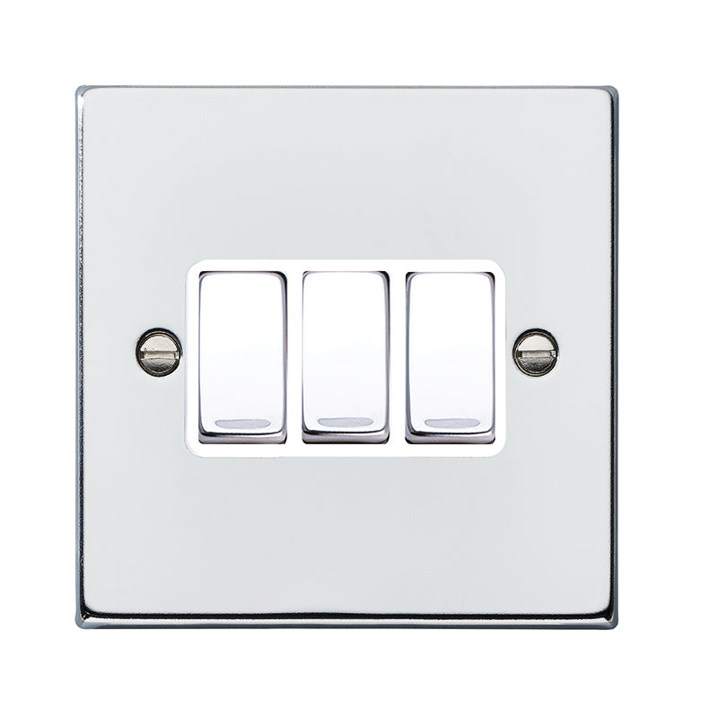 Hartland 77R23BC-W 3 gang 10AX 2 Way Rocker Bright Chrome with Bright Chrome/White Inserts