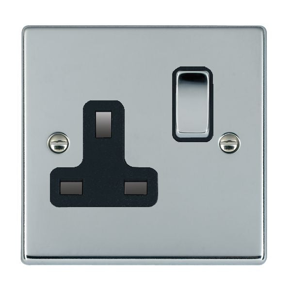 Hartland 77SS1BC-B 1 gang 13A Double Pole Switched Socket Bright Chrome with Bright Chrome/Black Inserts