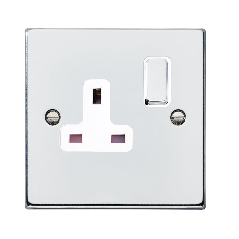 Hartland 77SS1BC-W 1 gang 13A Double Pole Switched Socket Bright Chrome with Bright Chrome/White Inserts