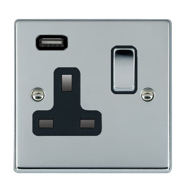 Hartland 77SS1USBBC-B 1 gang 13A Single Pole Switched Socket with 1 USB Outlet 1x2.1A Bright Chrome with Bright Chrome/Black Inserts
