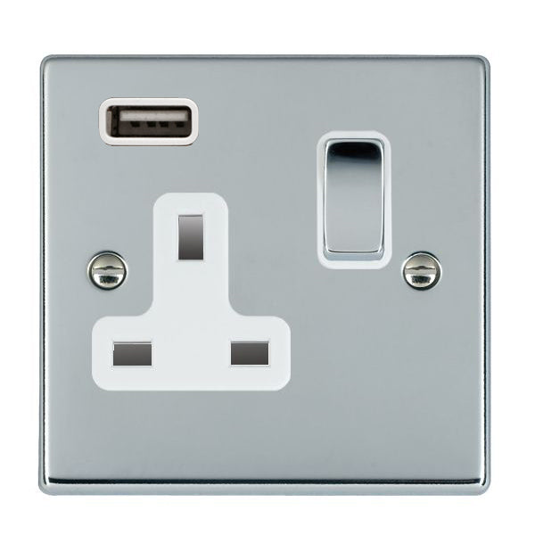 Hartland 77SS1USBBC-W 1 gang 13A Single Pole Switched Socket with 1 USB Outlet 1x2.1A Bright Chrome with Bright Chrome/White Inserts