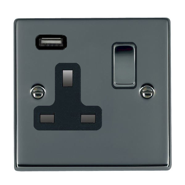 Hartland 78SS1USBBK-B 1 gang 13A Single Pole Switched Socket with 1 USB Outlet 1x2.1A Black Nickel with Black Nickel/Black Inserts