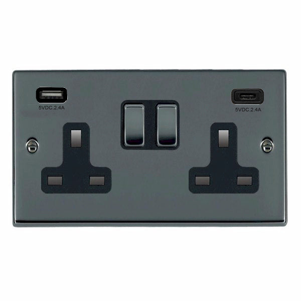 Hartland 78SS2USBCBK-B 2 gang 13A Double Pole Switched Socket with 1 USB Outlet + 1 USB Type C Outlet 2x2.4A (4.8A Total) Black Nickel with Black Nickel/Black Inserts