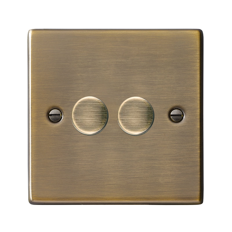 Hartland 792XLEDITB250 2 gang 250W LED Trailing/Leading Edge Push On/Off Rotary 2 Way Switching Dimmer Antique Brass with Antique Brass Inserts