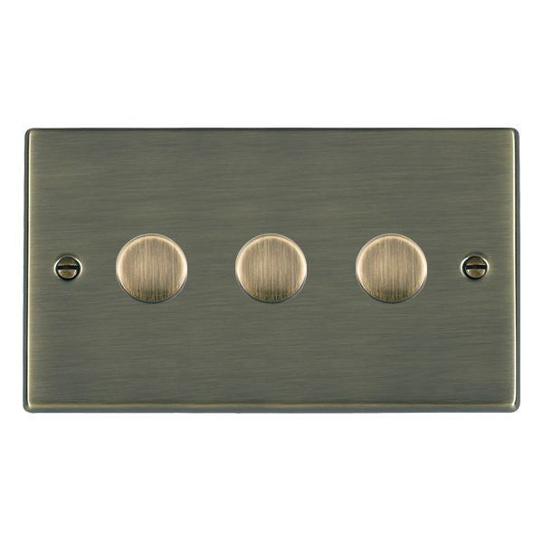 Hartland 793XLEDITB250 3 gang 250W LED Trailing/Leading Edge Push On/Off Rotary 2 Way Switching Dimmer Antique Brass with Antique Brass Inserts
