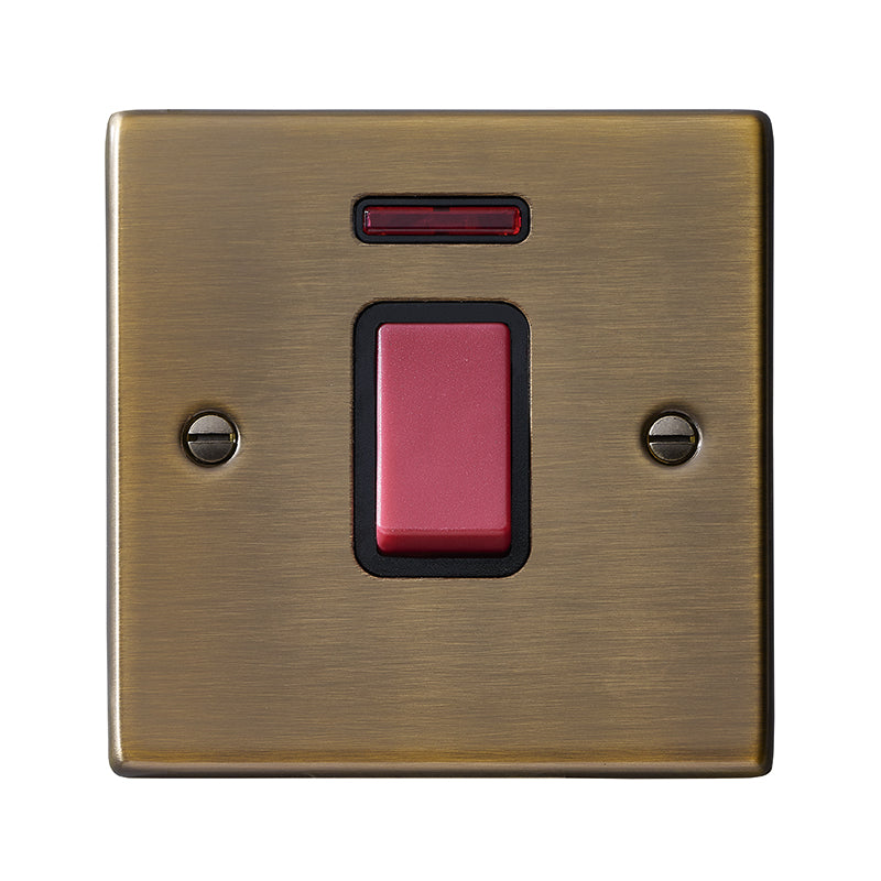 Hartland 7945NB 1 gang 45A Double Pole Red Rocker + Neon Antique Brass with Red/Black Inserts