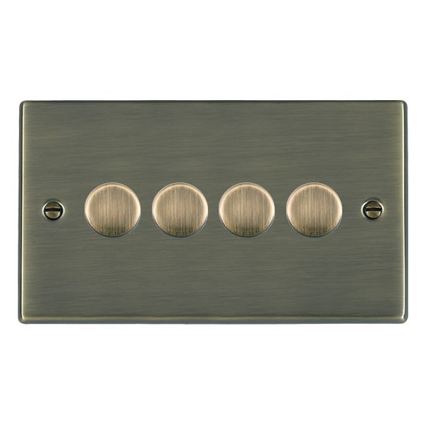 Hartland 794XLEDITB250 4 gang 250W LED Trailing/Leading Edge Push On/Off Rotary 2 Way Switching Dimmer Antique Brass with Antique Brass Inserts