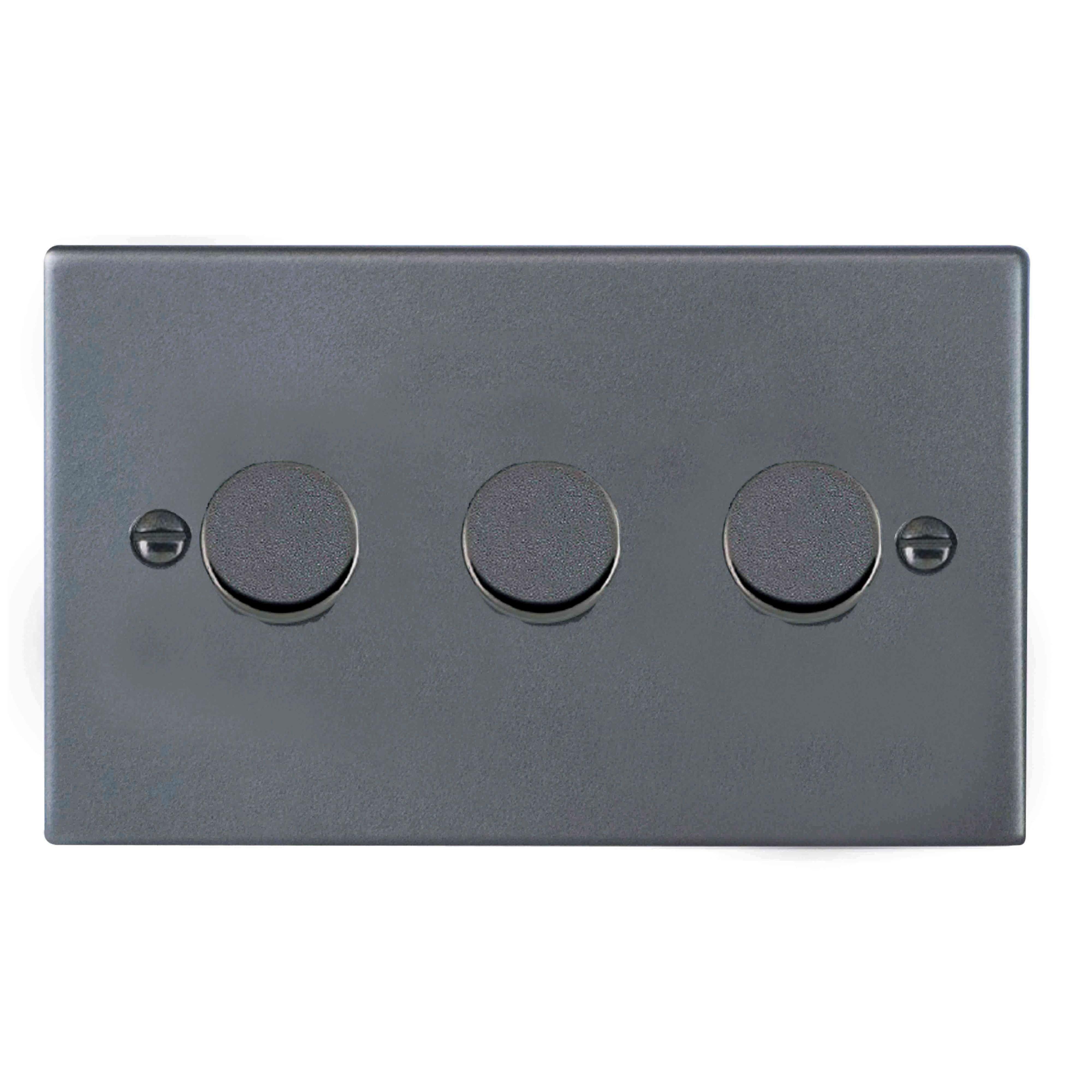 Hartland 7A3XLEDITB100 3 gang 100W LED Trailing/Leading Edge Push On/Off Rotary 2 Way Switching Dimmer Anthra Gray with Anthra Gray Inserts