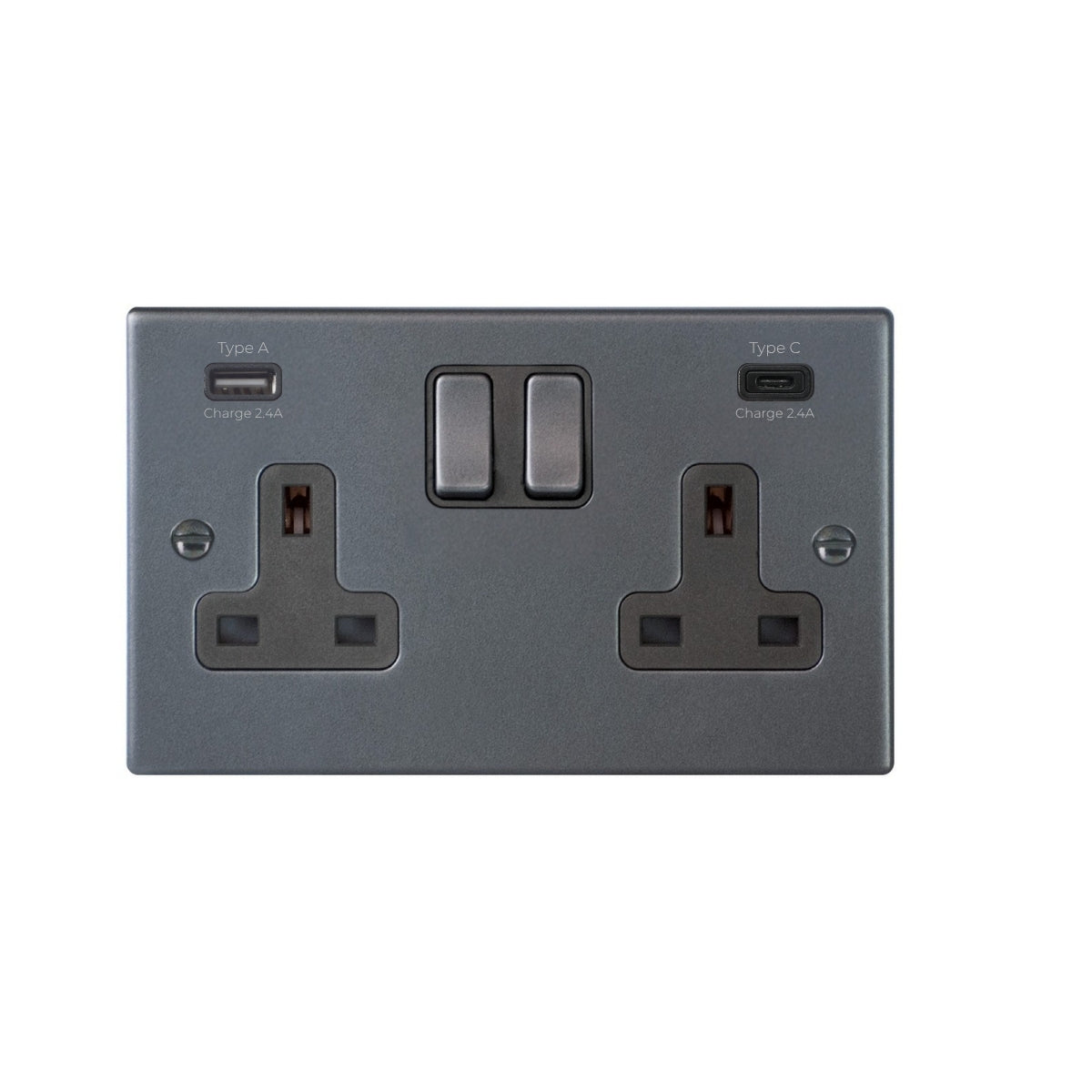 Hartland 7ASS2USBCGA-QG 2 gang 13A Double Pole Switched Socket with 1 USB Outlet + 1 USB Type C Outlet 2x2.4A (4.8A Total) Anthra Gray with Anthra Gray/Quartz Grey Inserts