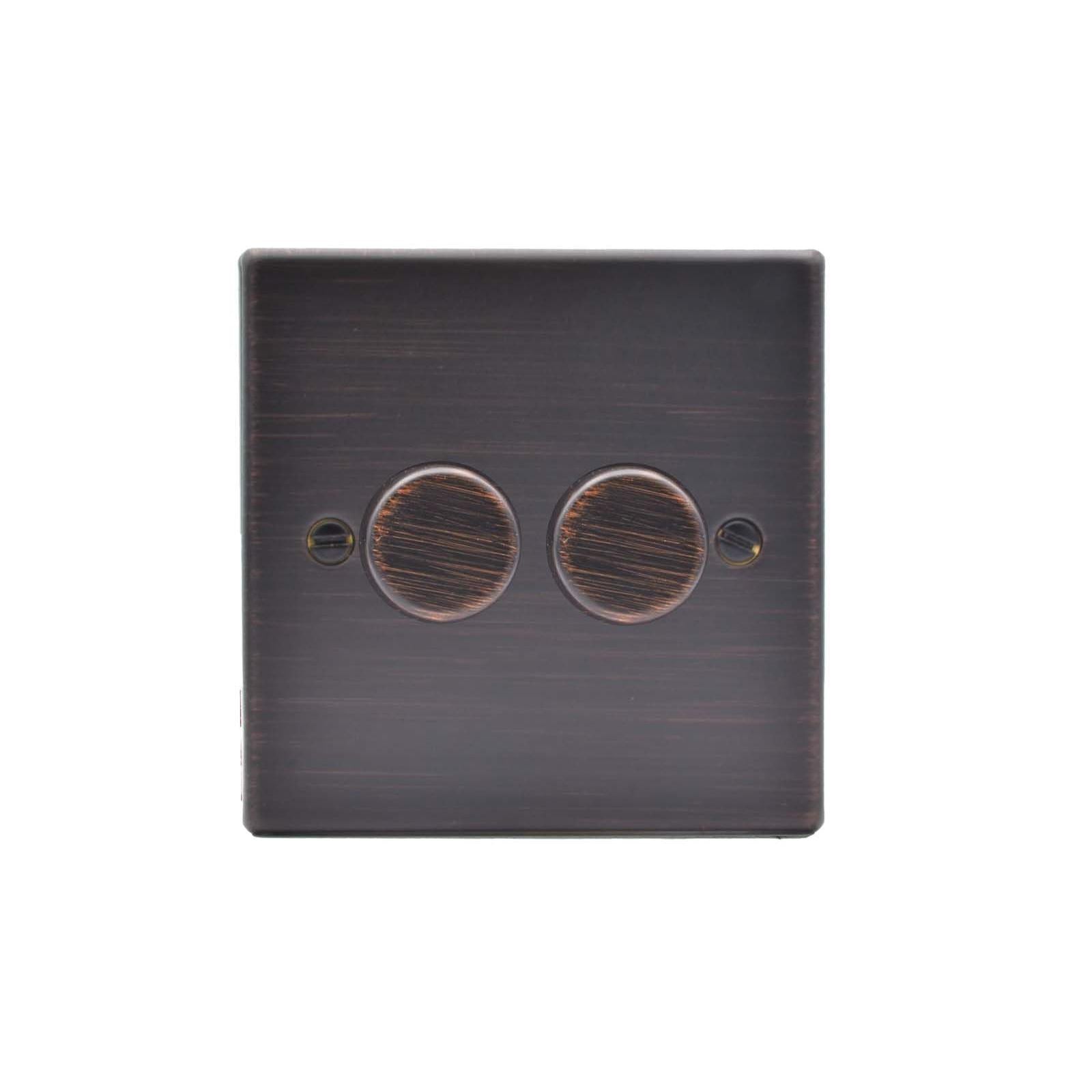 Hartland 7EB2XLEDITB250 2 gang 250W LED Trailing/Leading Edge Push On/Off Rotary 2 Way Switching Dimmer Etrium Bronze with Etrium Bronze Inserts