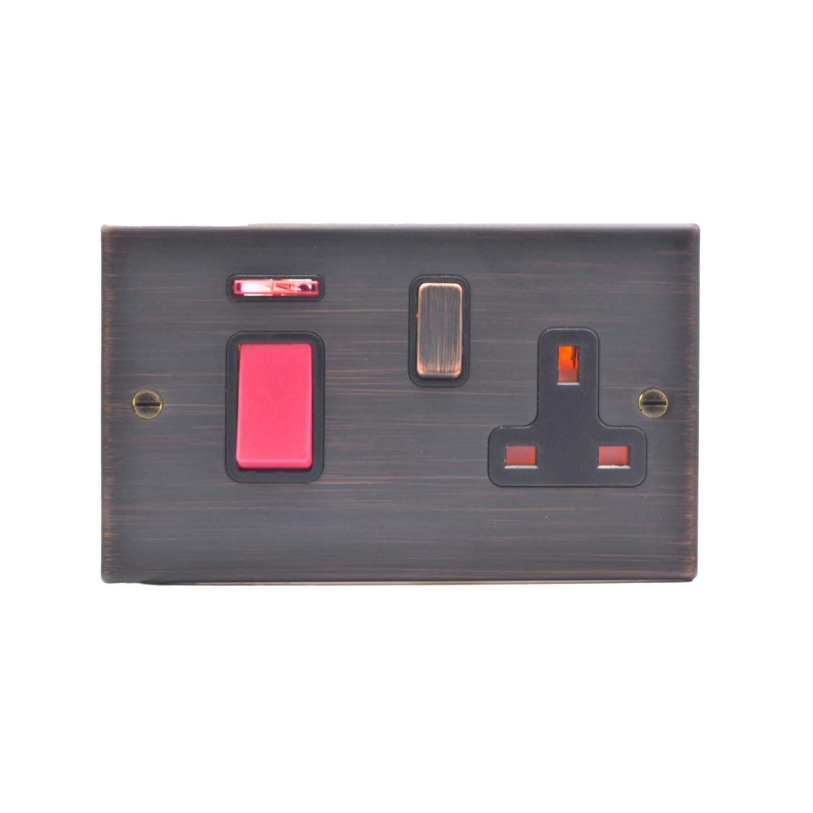 Hartland 7EB45SS1EB-B 45A Double Pole Red Rocker + Neon + 13A Switched Socket Etrium Bronze with Red+Etrium Bronze/Black Inserts