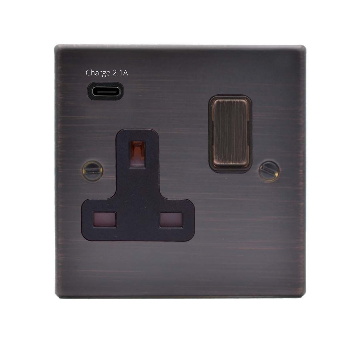 Hartland 7EBSS1USBCEB-B 1 gang 13A Single Pole Switched Socket with 1 USB Outlet Type C Outlet 1x2.1A Etrium Bronze with Etrium Bronze/Black Inserts