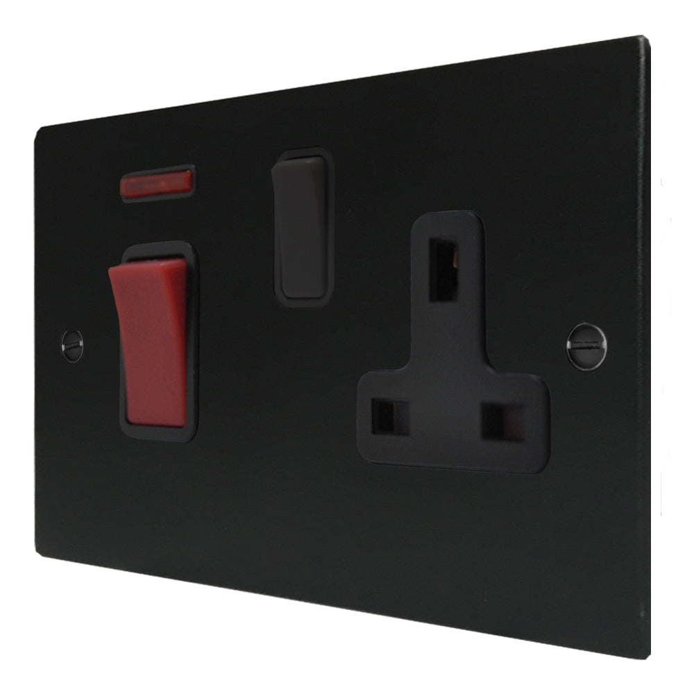 Hartland 7MB45SS1BL-B 45A Double Pole Red Rocker + Neon + 13A Switched Socket Matt Black with Red+Black/Black Inserts