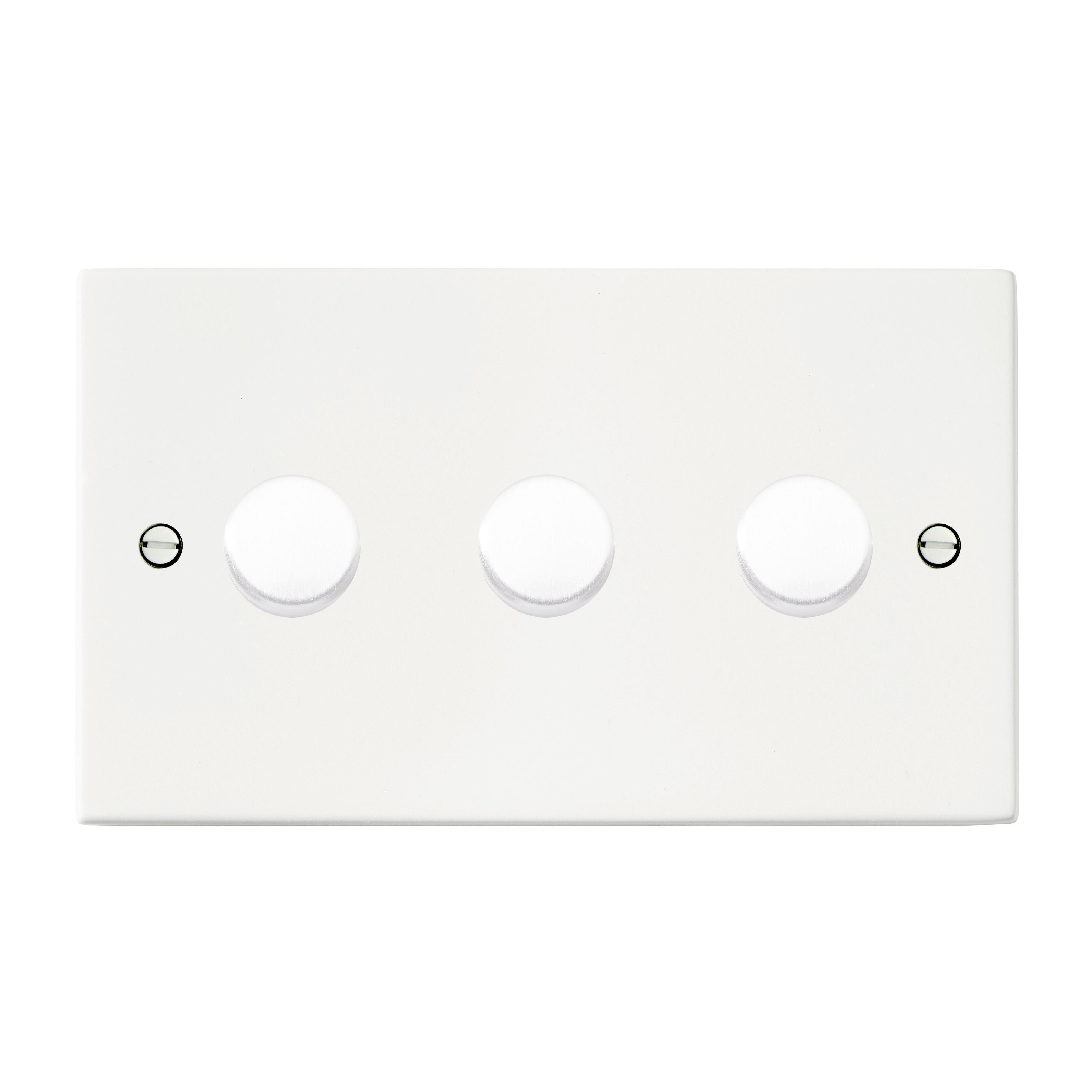 Hartland 7MW3XLEDITB250 3 gang 250W LED Trailing/Leading Edge Push On/Off Rotary 2 Way Switching Dimmer Matt White with Matt White Inserts