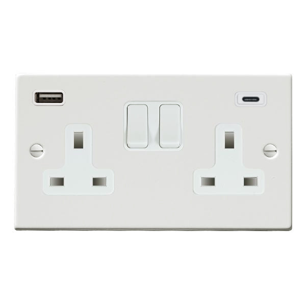 Hartland 7MWSS2USBCWH-W 2 gang 13A Double Pole Switched Socket with 1 USB Outlet + 1 USB Type C Outlet 2x2.4A (4.8A Total) Matt White with White/White Inserts