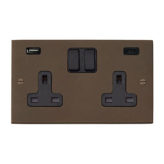 Hartland 7RBSS2USBCBL-B 2 gang 13A Double Pole Switched Socket with 1 USB Outlet + 1 USB Type C Outlet 2x2.4A (4.8A Total) Richmond Bronze with Black/Black Inserts