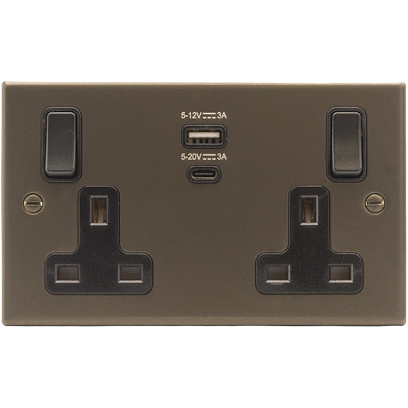 Hartland 7RBSS2USBPDBL-B 2 gang 13A Single Pole Switched Socket with 45W Type A & C Quick Charge and Power Delivery Richmond Bronze with Black/Black Inserts