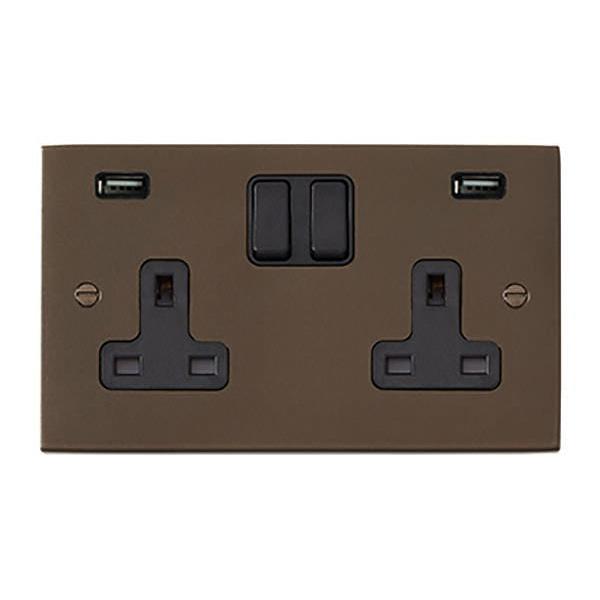 Hartland 7RBSS2USBULTBL-B 2 gang 13A Double Pole Switched Socket with 2 USB Outlets 2x2.4A (4.8A Total) Richmond Bronze with Black/Black Inserts