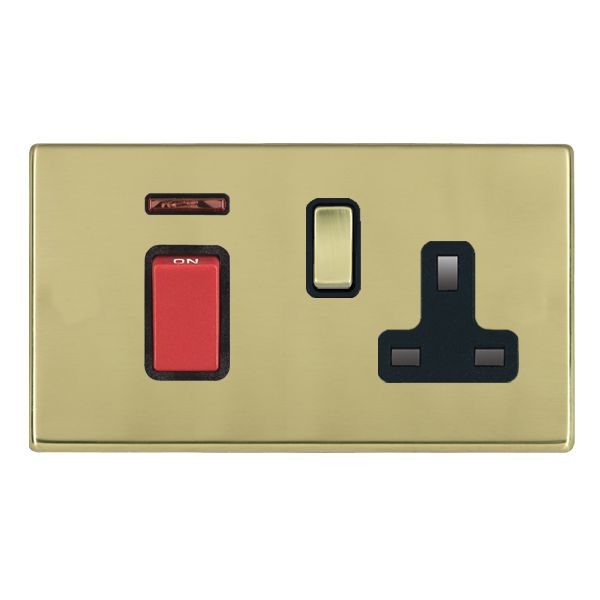 Hartland G2 7G2145SS1PB-B 45A Double Pole Red Rocker + Neon + 13A Switched Socket Polished Brass with Red+Polished Brass/Black Inserts