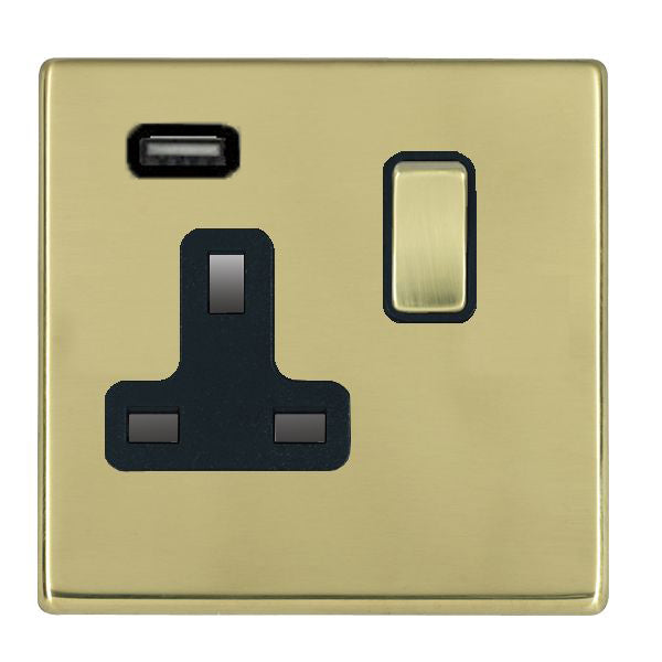 Hartland G2 7G21SS1USBPB-B 1 gang 13A Single Pole Switched Socket with 1 USB Outlet 1x2.1A Polished Brass with Polished Brass/Black Inserts