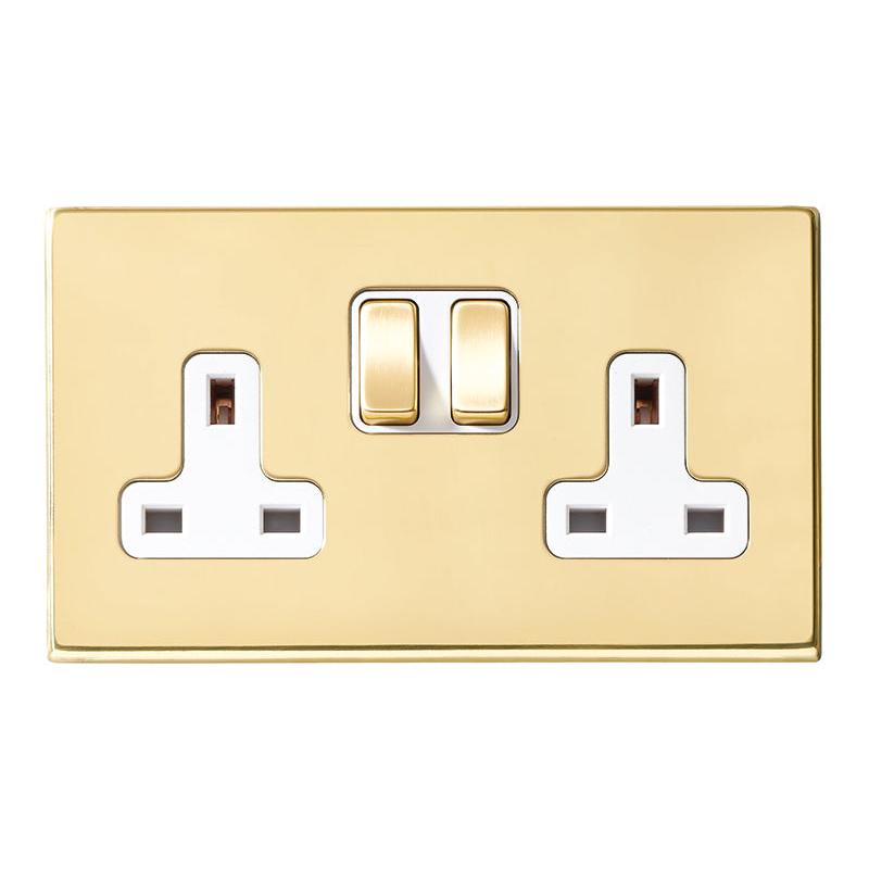 Hartland G2 7G21SS2PB-W 2 gang 13A Double Pole Switched Socket Polished Brass with Polished Brass/White Inserts