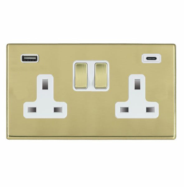 Hartland G2 7G21SS2USBCPB-W 2 gang 13A Double Pole Switched Socket with 1 USB Outlet + 1 USB Type C Outlet 2x2.4A (4.8A Total) Polished Brass with Polished Brass/White Inserts