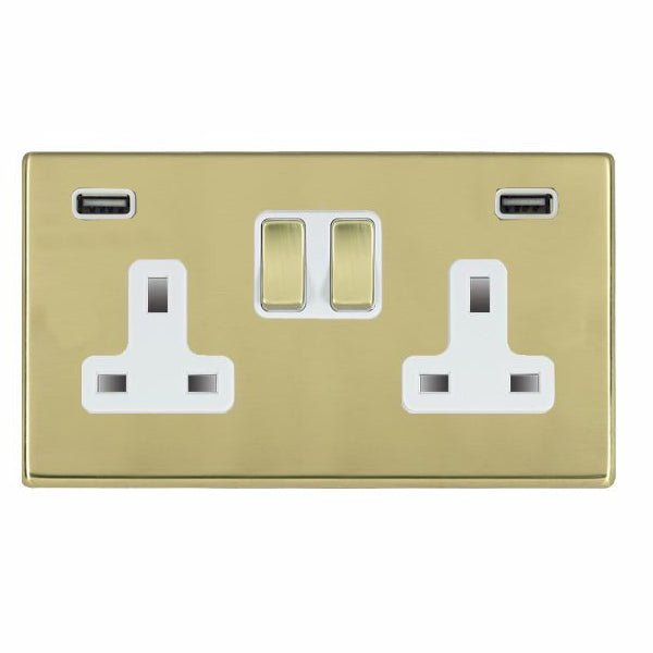 Hartland G2 7G21SS2USBULTPB-W 2 gang 13A Double Pole Switched Socket with 2 USB Outlets 2x2.4A (4.8A Total) Polished Brass with Polished Brass/White Inserts