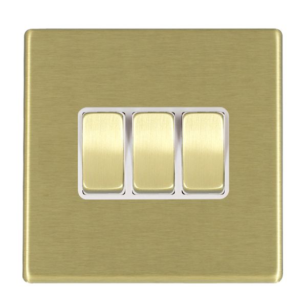 Hartland G2 7G22R23SB-W 3 gang 10AX 2 Way Rocker Satin Brass with Satin Brass/White Inserts