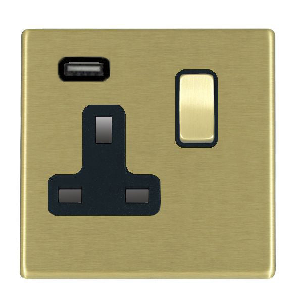 Hartland G2 7G22SS1USBSB-B 1 gang 13A Single Pole Switched Socket with 1 USB Outlet 1x2.1A Satin Brass with Satin Brass/Black Inserts