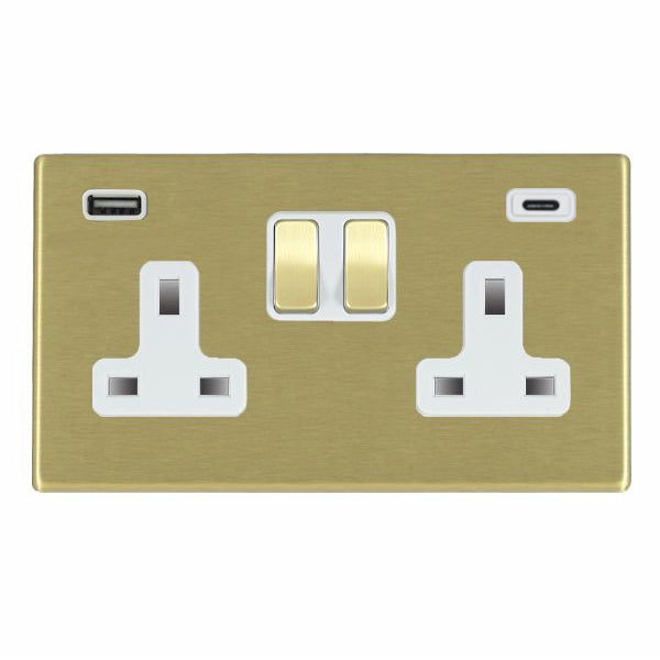 Hartland G2 7G22SS2USBCSB-W 2 gang 13A Double Pole Switched Socket with 1 USB Outlet + 1 USB Type C Outlet 2x2.4A (4.8A Total) Satin Brass with Satin Brass/White Inserts