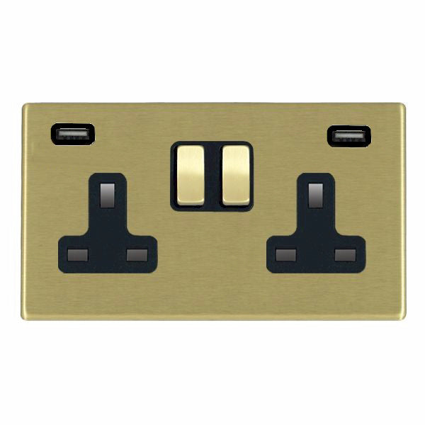 Hartland G2 7G22SS2USBULTSB-B 2 gang 13A Double Pole Switched Socket with 2 USB Outlets 2x2.4A (4.8A Total) Satin Brass with Satin Brass/Black Inserts