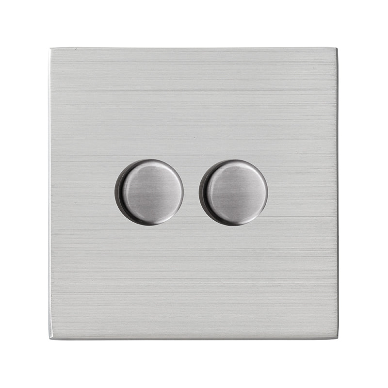 Hartland G2 7G242XLEDITB100 2 gang 100W LED Trailing/Leading Edge Push On/Off Rotary 2 Way Switching Dimmer Satin Steel with Satin Steel Inserts