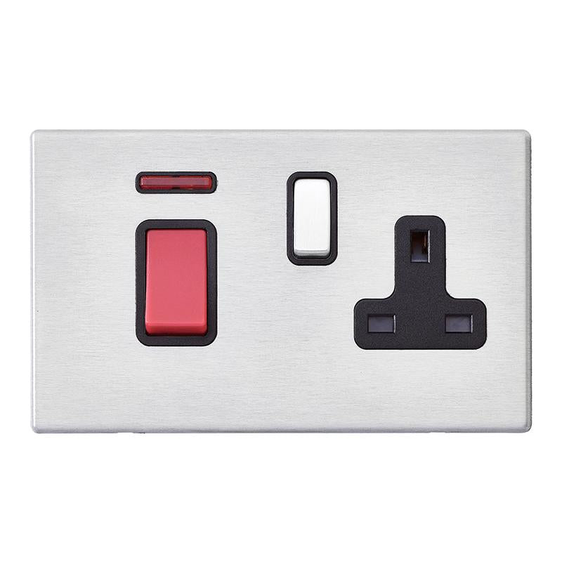 Hartland G2 7G2445SS1SS-B 45A Double Pole Red Rocker + Neon + 13A Switched Socket Satin Steel with Red+Satin Steel/Black Inserts