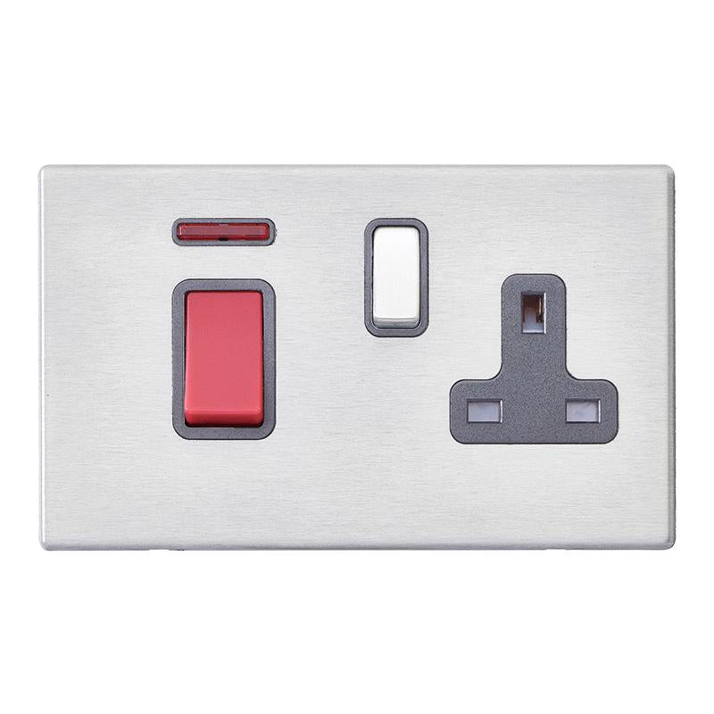 Hartland G2 7G2445SS1SS-QG 45A Double Pole Red Rocker + Neon + 13A Switched Socket Satin Steel with Red+Satin Steel/Quartz Grey Inserts