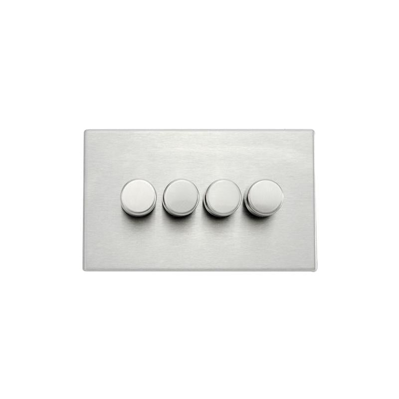 Hartland G2 7G244XLEDITB250 4 gang 250W LED Trailing/Leading Edge Push On/Off Rotary 2 Way Switching Dimmer Satin Steel with Satin Steel Inserts