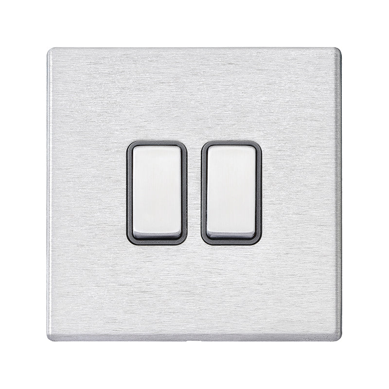 Hartland G2 7G24R22SS-QG 2 gang 10AX 2 Way Rocker Satin Steel with Satin Steel/Quartz Grey Inserts