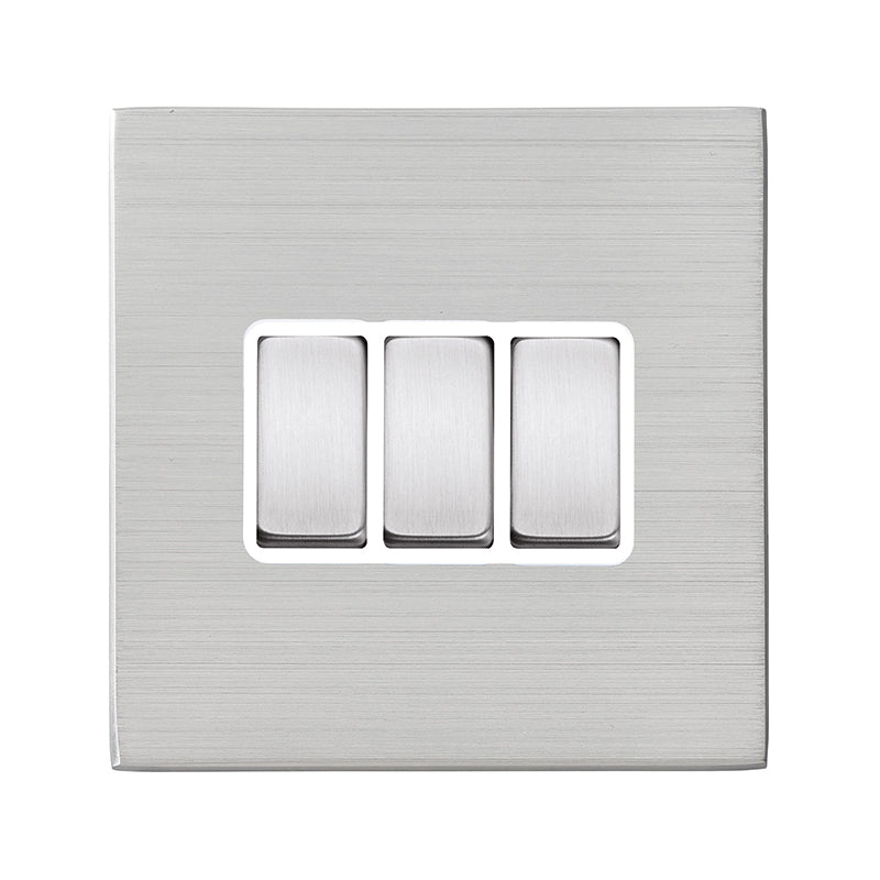 Hartland G2 7G24R23SS-W 3 gang 10AX 2 Way Rocker Satin Steel with Satin Steel/White Inserts