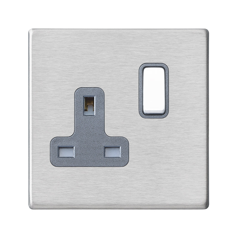 Hartland G2 7G24SS1SS-QG 1 gang 13A Double Pole Switched Socket Satin Steel with Satin Steel/Quartz Grey Inserts