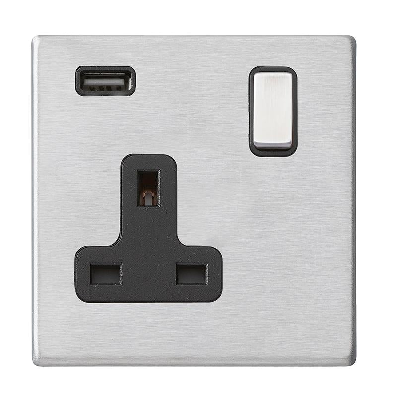 Hartland G2 7G24SS1USBSS-B 1 gang 13A Single Pole Switched Socket with 1 USB Outlet 1x2.1A Satin Steel with Satin Steel/Black Inserts