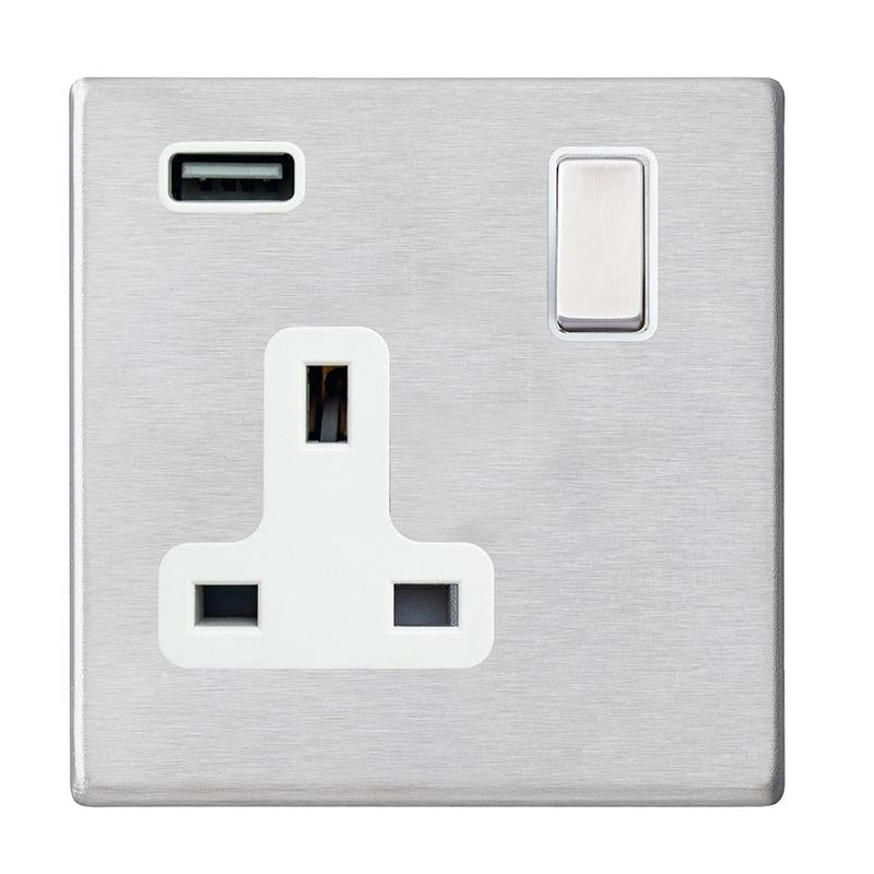Hartland G2 7G24SS1USBSS-W 1 gang 13A Single Pole Switched Socket with 1 USB Outlet 1x2.1A Satin Steel with Satin Steel/White Inserts