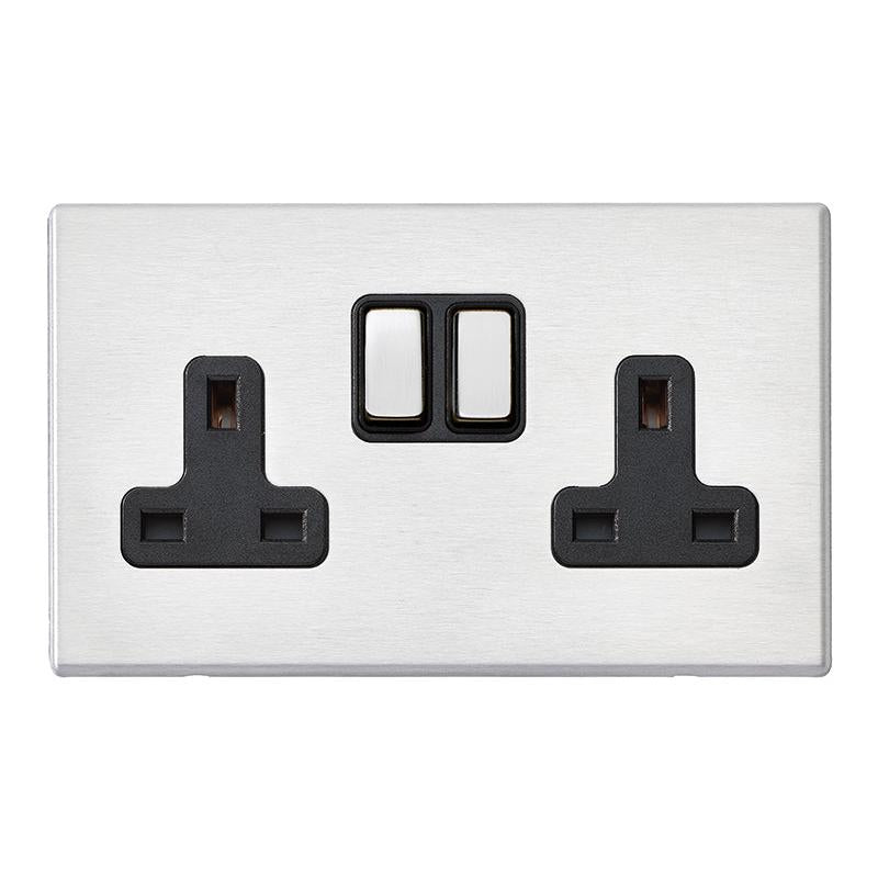 Hartland G2 7G24SS2SS-B 2 gang 13A Double Pole Switched Socket Satin Steel with Satin Steel/Black Inserts