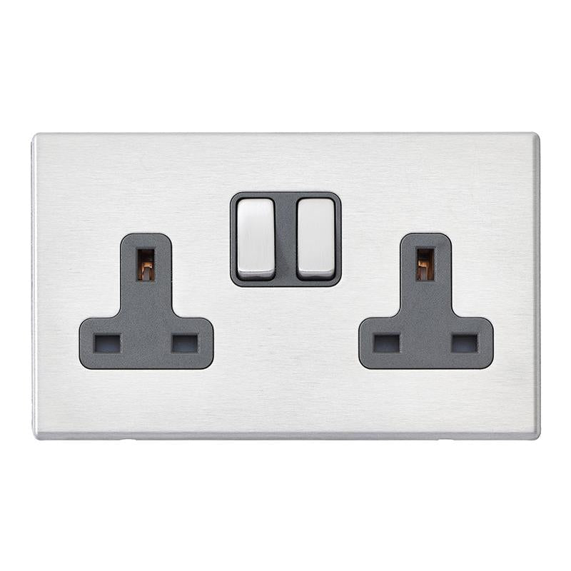 Hartland G2 7G24SS2SS-QG 2 gang 13A Double Pole Switched Socket Satin Steel with Satin Steel/Quartz Grey Inserts