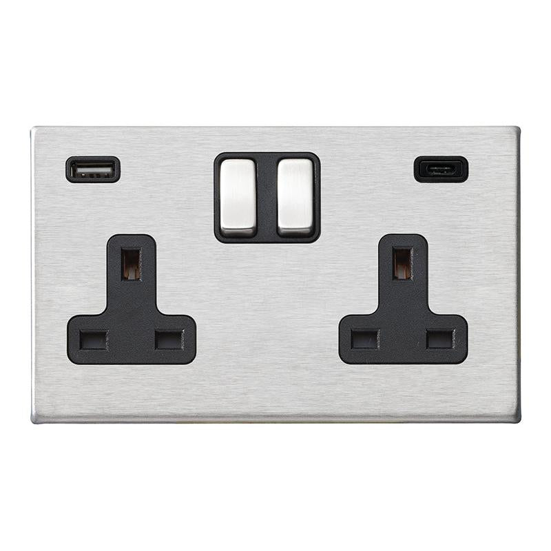 Hartland G2 7G24SS2USBCSS-B 2 gang 13A Double Pole Switched Socket with 1 USB Outlet + 1 USB Type C Outlet 2x2.4A (4.8A Total) Satin Steel with Satin Steel/Black Inserts