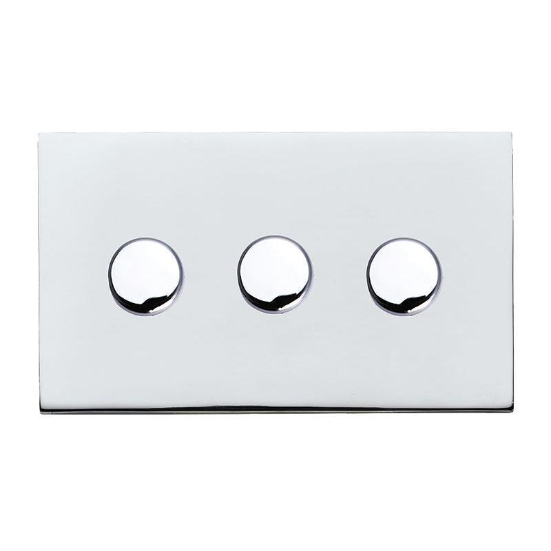 Hartland G2 7G273XLEDITB100 3 gang 100W LED Trailing/Leading Edge Push On/Off Rotary 2 Way Switching Dimmer Bright Chrome with Bright Chrome Inserts