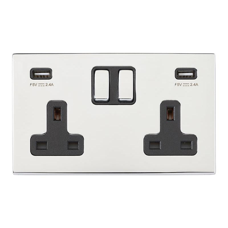 Hartland G2 7G27SS2USBULTBC-B 2 gang 13A Double Pole Switched Socket with 2 USB Outlets 2x2.4A (4.8A Total) Bright Chrome with Bright Chrome/Black Inserts