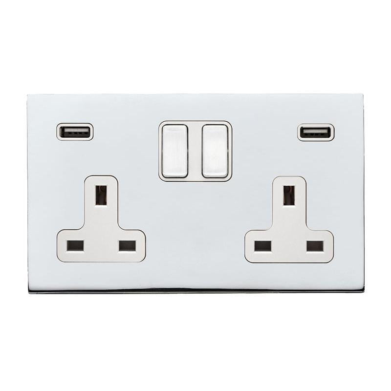 Hartland G2 7G27SS2USBULTBC-W 2 gang 13A Double Pole Switched Socket with 2 USB Outlets 2x2.4A (4.8A Total) Bright Chrome with Bright Chrome/White Inserts
